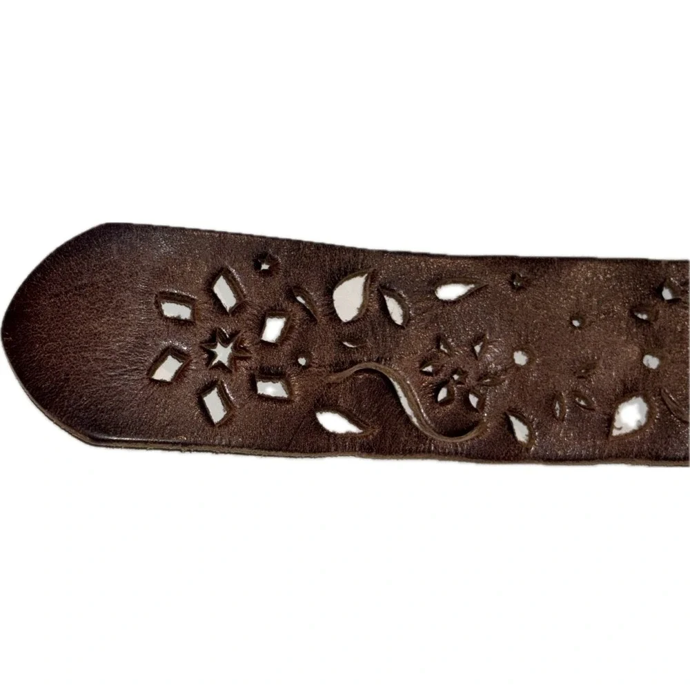 Vintage Y2K Boho Floral Laser Cut Brown Leather Belt 32-36in M/L